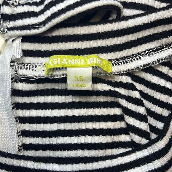 Gianni Bini Black White Stripe Ribbed Ruffle Cuff Cutout High Neck Top Blouse XS - Picture 4 of 7